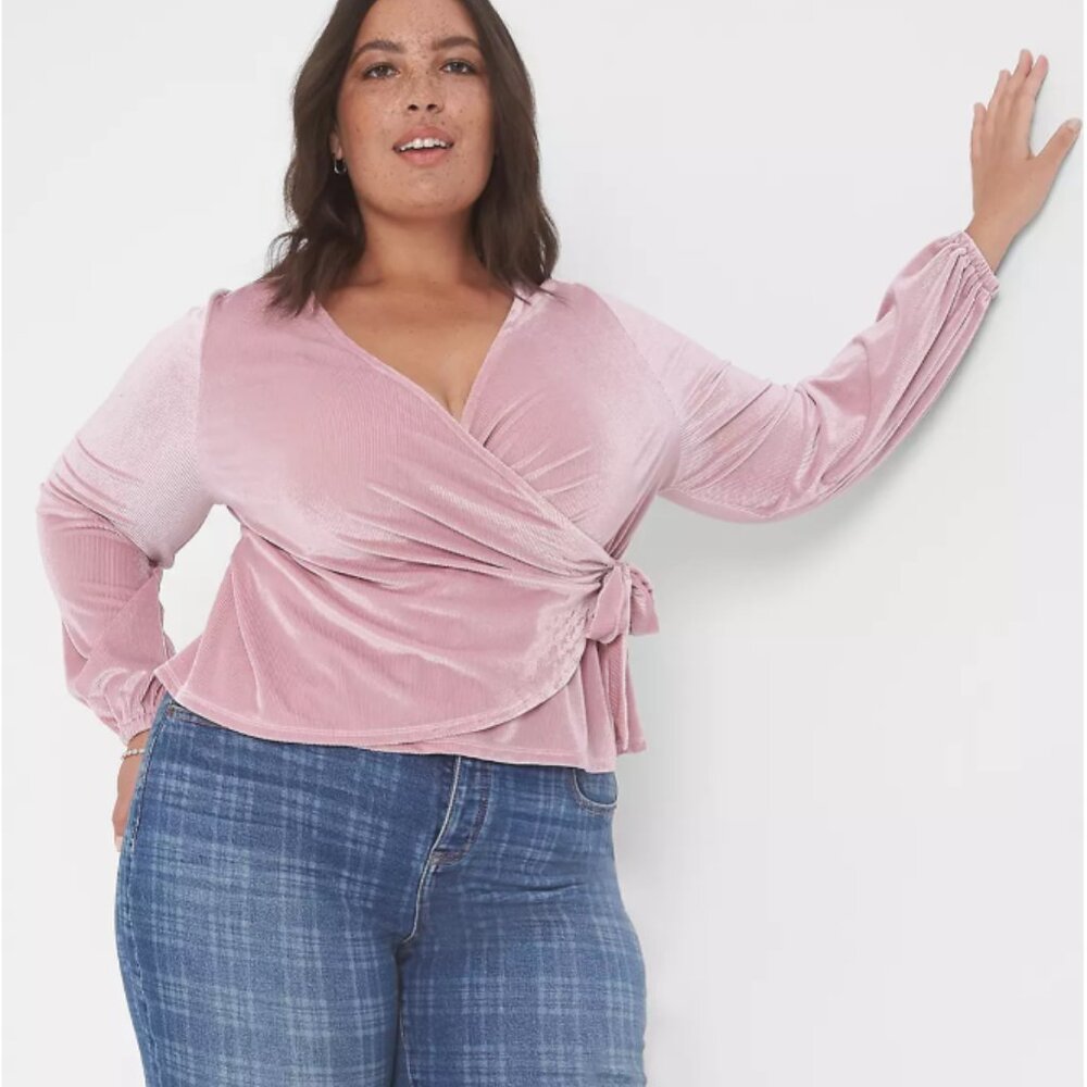 Lane Bryant 26/28 4X Classic Blouson Sleeve Surplice‎ Tie Velour Top Ribbed Pink